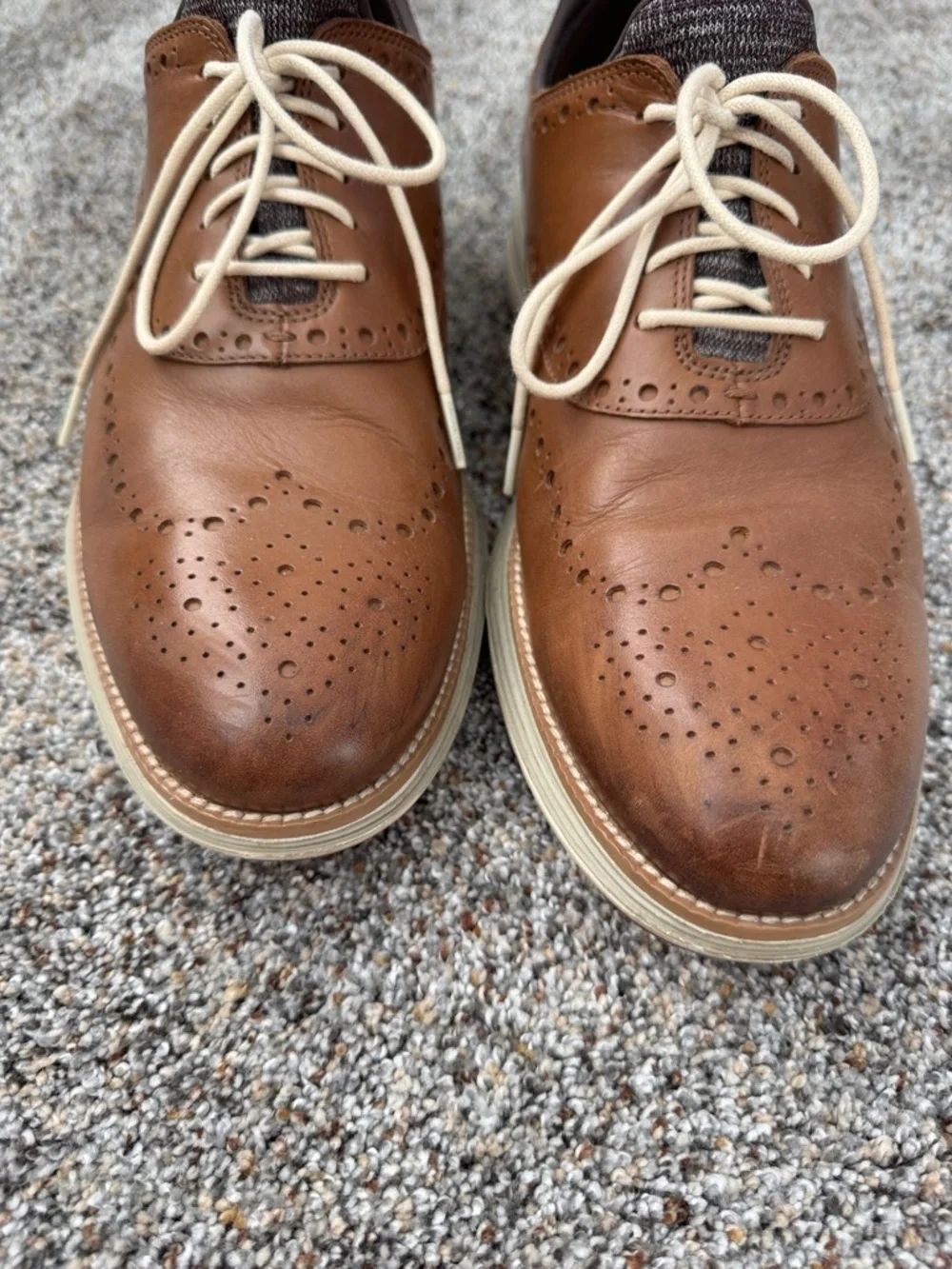 Cole Haan Brown Leather Wingtip Oxfords with Cream Laces